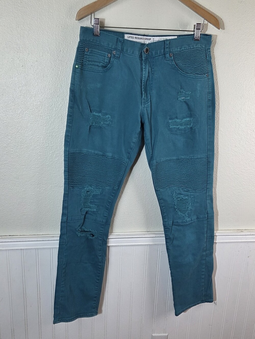 LRG Lifted Research Group Moto Jeans Mens 32 Teal Distressed Biker Tapered Skate